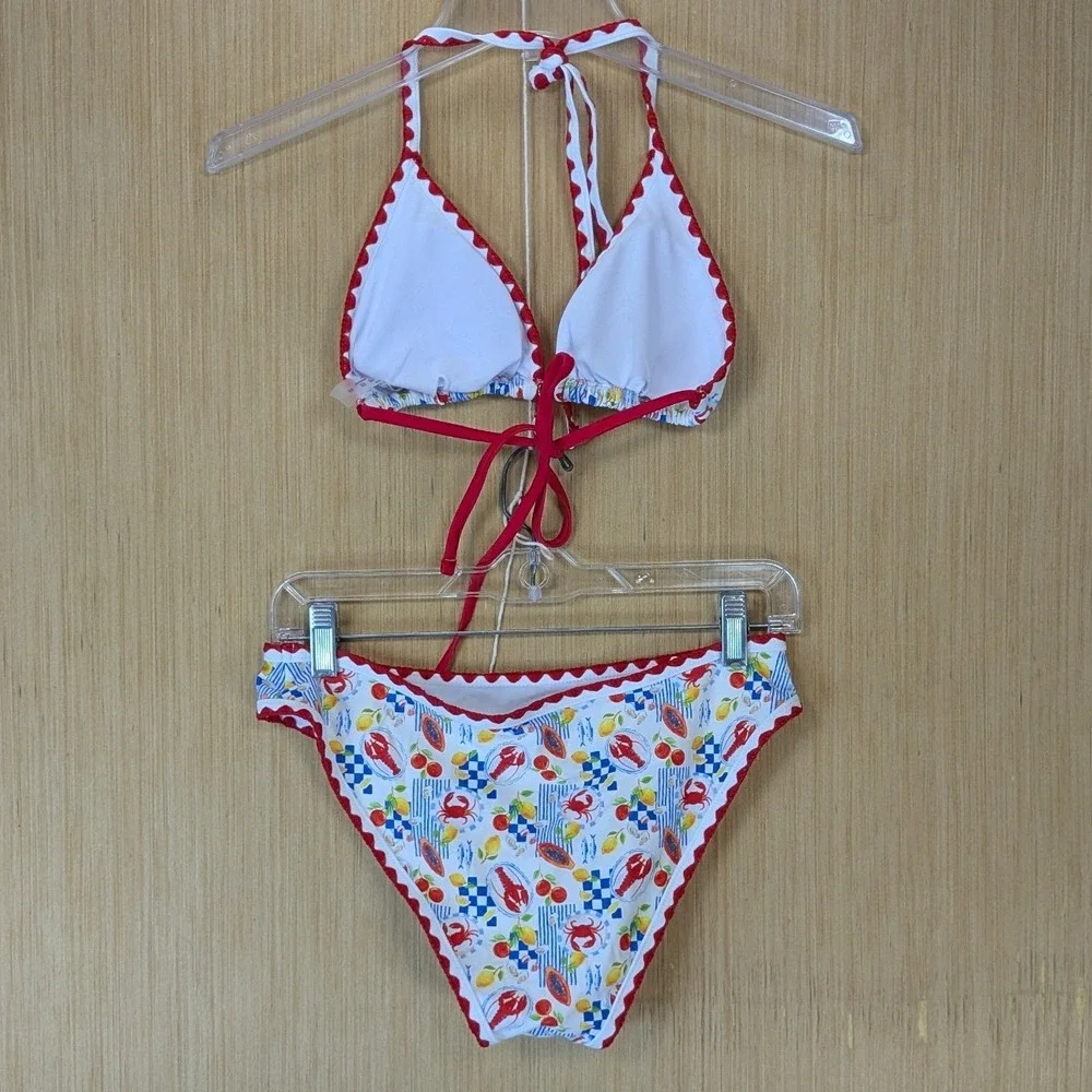 Women's Lobster Fruit Print Bikini Set Beach Swim Vacation Seashell Charm Medium